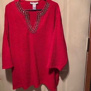 Cathy Daniels 2X bright red long sleeve top with silver colored metal beadwork.